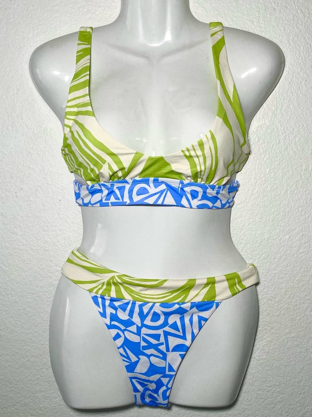 Roxy Lime Green & Sky Blue Patterned Scoop Bikini